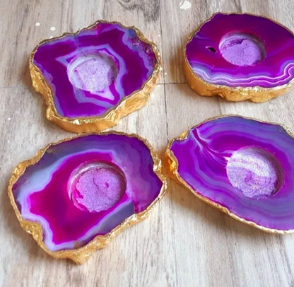 Indian Pink Agat Coaster Telys dekorasjon Gold Electroplated, Medium - 10cm