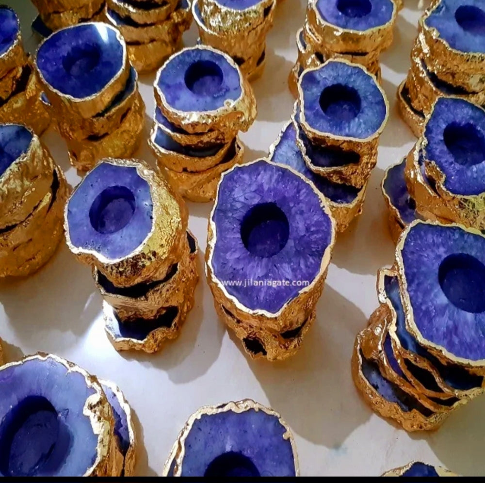 Indian Purple Agat Coaster Telys dekorasjon Gold Electroplated, Medium - 10cm