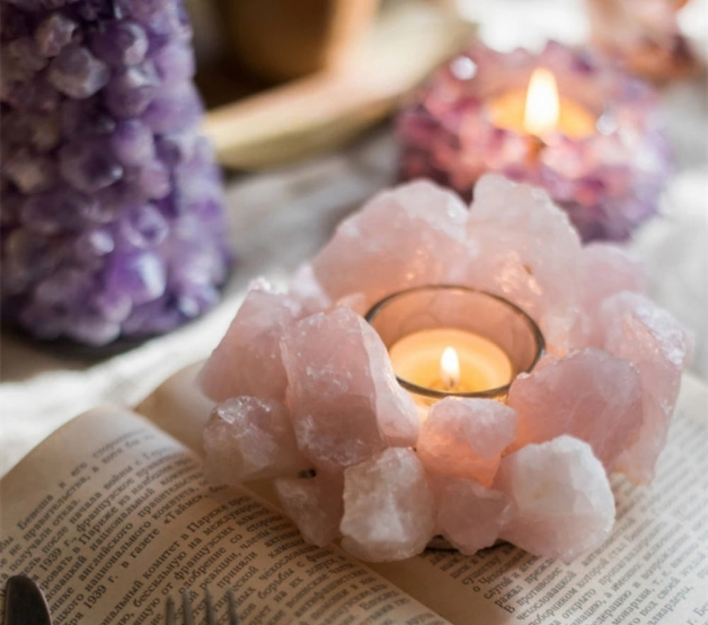 Stor Rosenkvarts RÅ Kvarts Krystalldekorasjon m/glass innvendig til Telys, Large 13 - 15cm, 500 gram