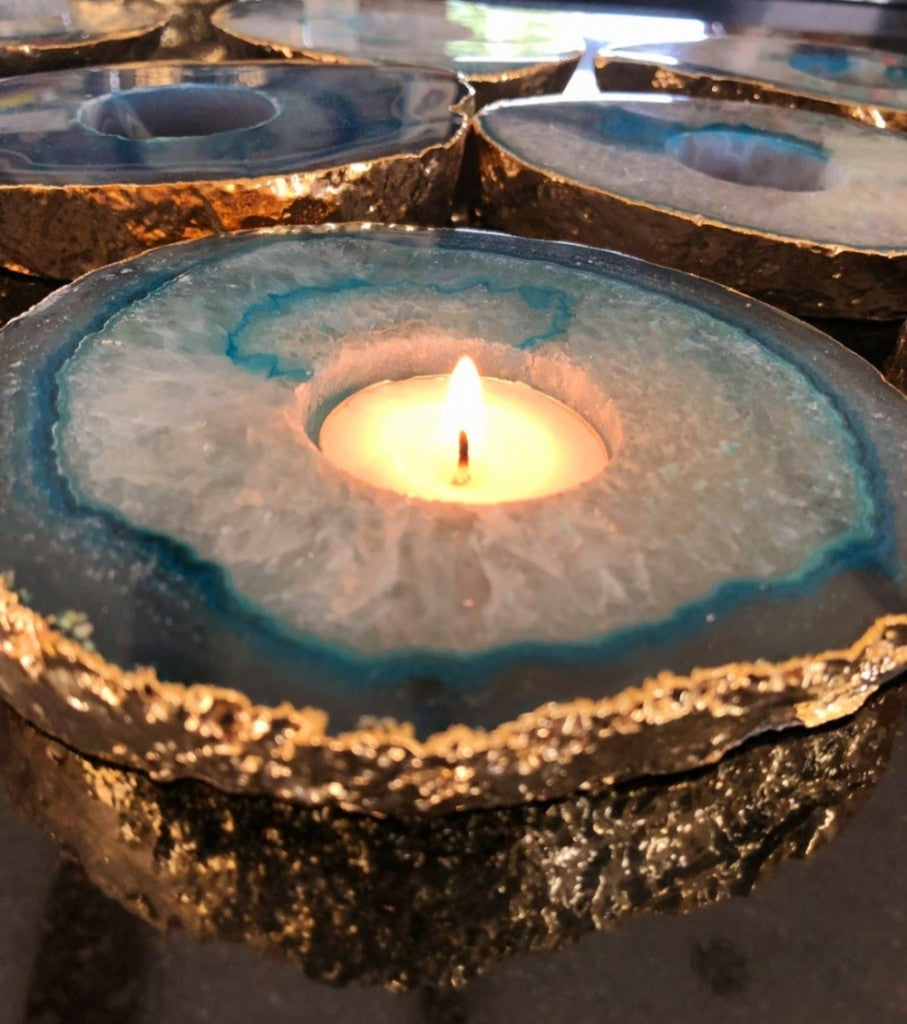 Brazilian Aqua Blue Agat Coaster Telys dekorasjon Gold Electroplated, LARGE