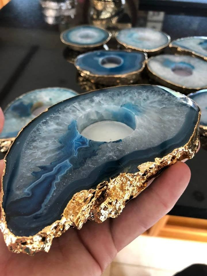 Brazilian Blue Agat Coaster Telys dekorasjon Gold Electroplated, LARGE