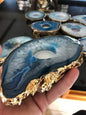 Brazilian Blue Agat Coaster Telys dekorasjon Gold Electroplated, LARGE