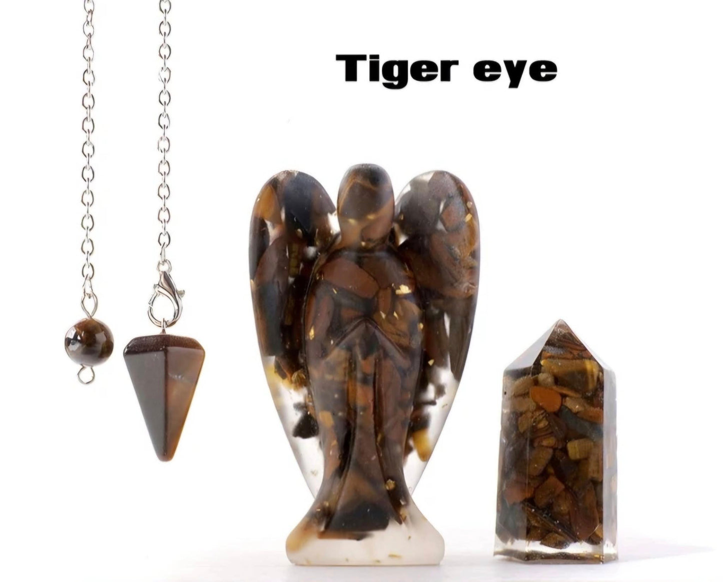 Nye 3 pcs Krystallsett ( Pendel, Engel , Tårnkrystall ) , Resin & Tiger Eye