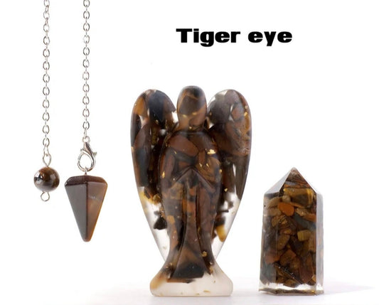 Nye 3 pcs Krystallsett ( Pendel, Engel , Tårnkrystall ) , Resin & Tiger Eye