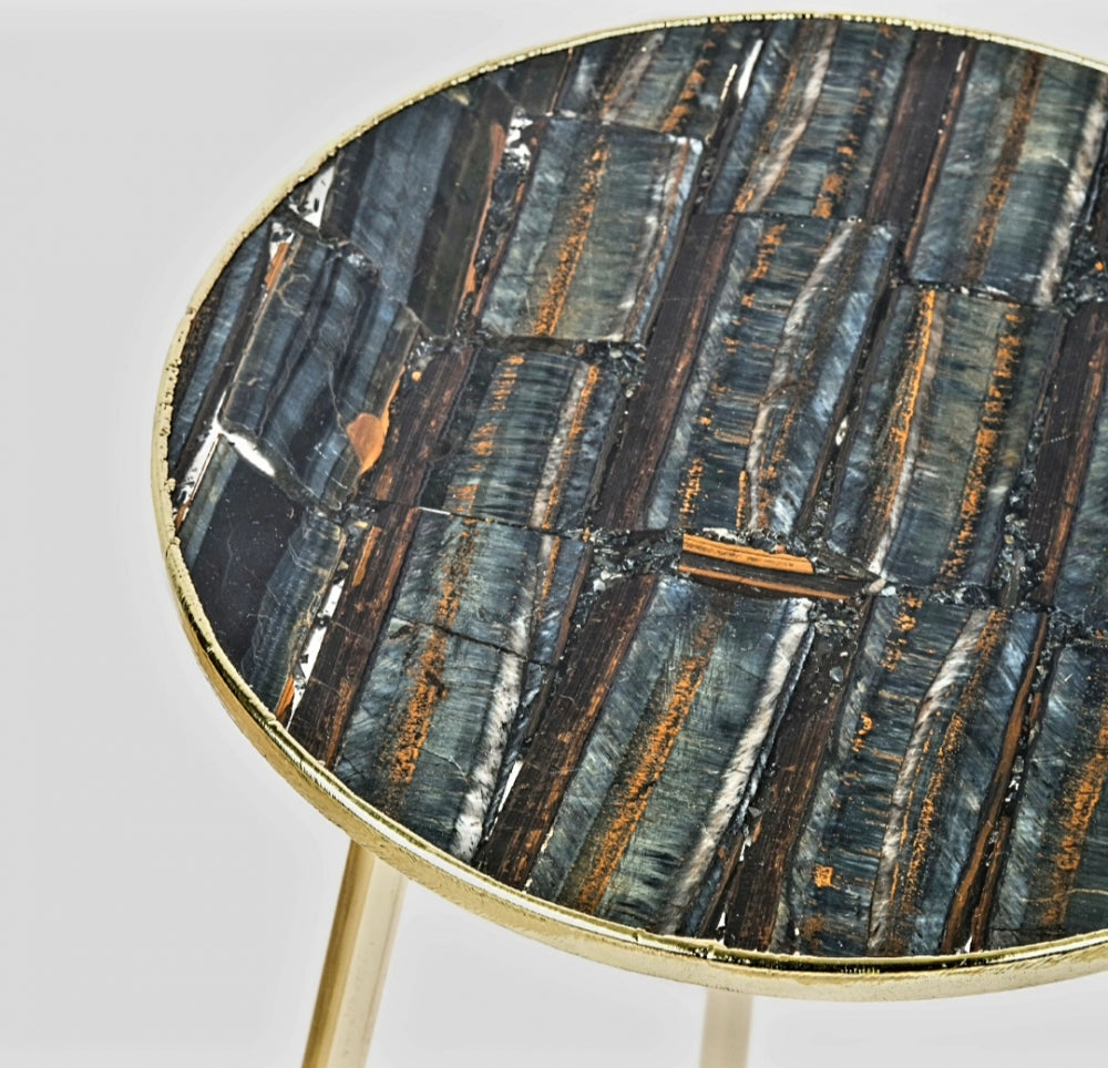 Blue Tigereye kaffebord med gulldecorert kant ( gold electroplated ) og avtagbare ben, ca. 30x30cm, 52høy