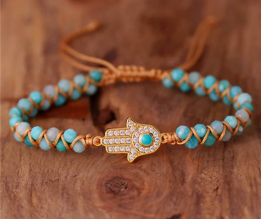 Enkle og vakre Chambhala 2 rader armbånd m/ Hamsa Hand Amazonite sten og små tilsvarende stener ( justerbart )