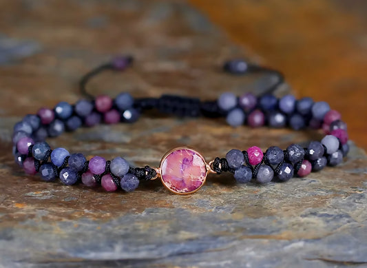 Enkle og vakre Chambhala 2 rader armbånd m/ Ruby &amp; Sapphire sten og små tilsvarende stener ( justerbart )
