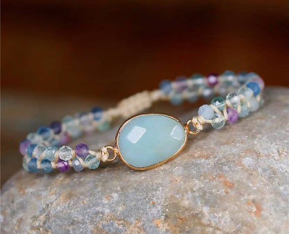 Enkle og vakre Chambhala 2 rader armbånd m/ Oval Amazonite sten og små tilsvarende Fluorite stener ( justerbart )