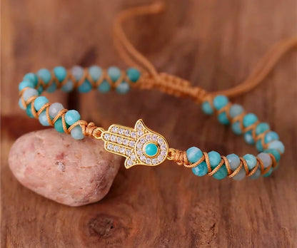 Enkle og vakre Chambhala 2 rader armbånd m/ Hamsa Hand Amazonite sten og små tilsvarende stener ( justerbart )