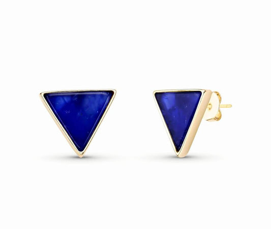 Drop Style 18K Gold Plated Earrings w/ Triangle Shaped Gemstones, Blue Sodalite
