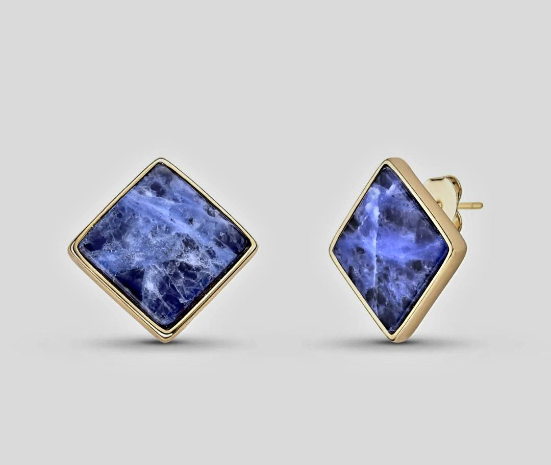 Drop Style 18K Gold Plated Earrings w/ Square Shaped Natural Gemstones, Blue SODALITE