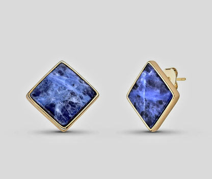 Drop Style 18K Gold Plated Earrings w/ Square Shaped Natural Gemstones, Blue SODALITE
