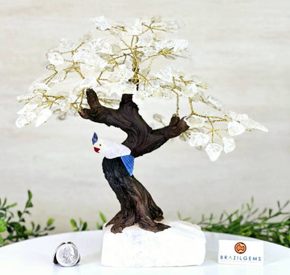 NEW / 25cm Tall Handmade Brazilian Clear Quartz Gemstone Tree, Quartz Base with a Crystal Parrot Bird, 120 Raw Crystals