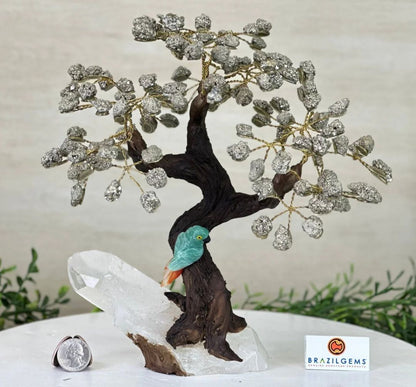NEW / 25cm Tall Handmade Brazilian PYRITE Gemstone Tree, Quartz Base with a Crystal Parrot Bird - 120 Crystals