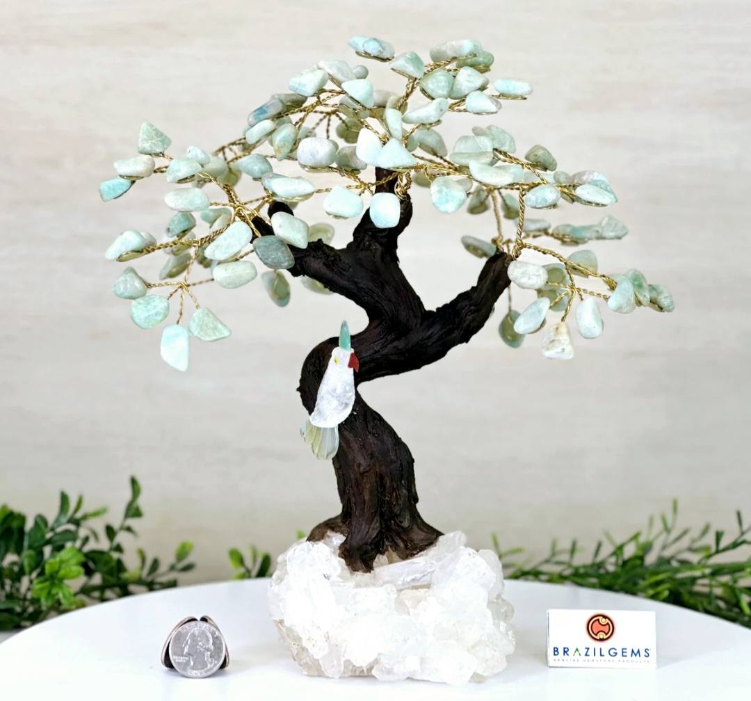 NEW / 25cm Tall Handmade Brazilian Amazonite Quartz Gemstone Tree, Quartz Base with a Crystal Parrot Bird - 120 Crystals