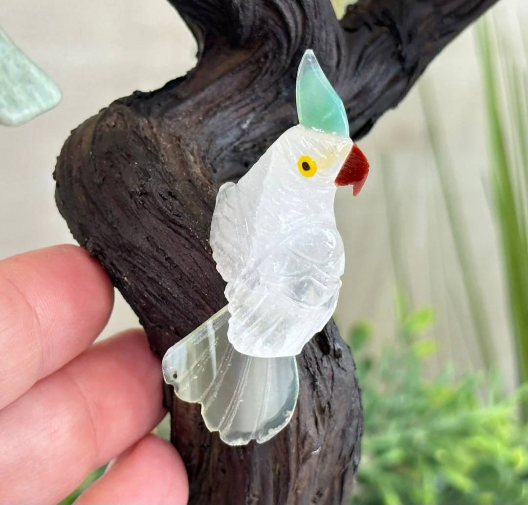 NEW / 25cm Tall Handmade Brazilian Amazonite Quartz Gemstone Tree, Quartz Base with a Crystal Parrot Bird - 120 Crystals
