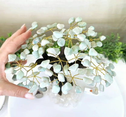 NEW / 25cm Tall Handmade Brazilian Amazonite Quartz Gemstone Tree, Quartz Base with a Crystal Parrot Bird - 120 Crystals