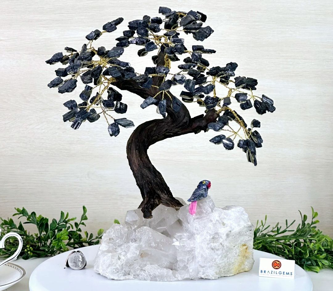 NEW / Large 35cm Tall Handmade Brazilian Black Turmaline Quartz Gemstone Tree, XLarge Clear Quartz Cluster Base with a Crystal Bird, 5kg 35cm - 180 Raw Crystals
