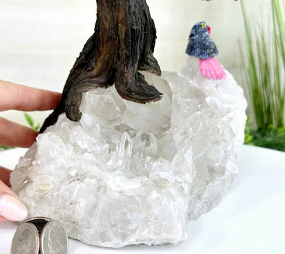 NEW / Large 35cm Tall Handmade Brazilian Black Turmaline Quartz Gemstone Tree, XLarge Clear Quartz Cluster Base with a Crystal Bird, 5kg 35cm - 180 Raw Crystals
