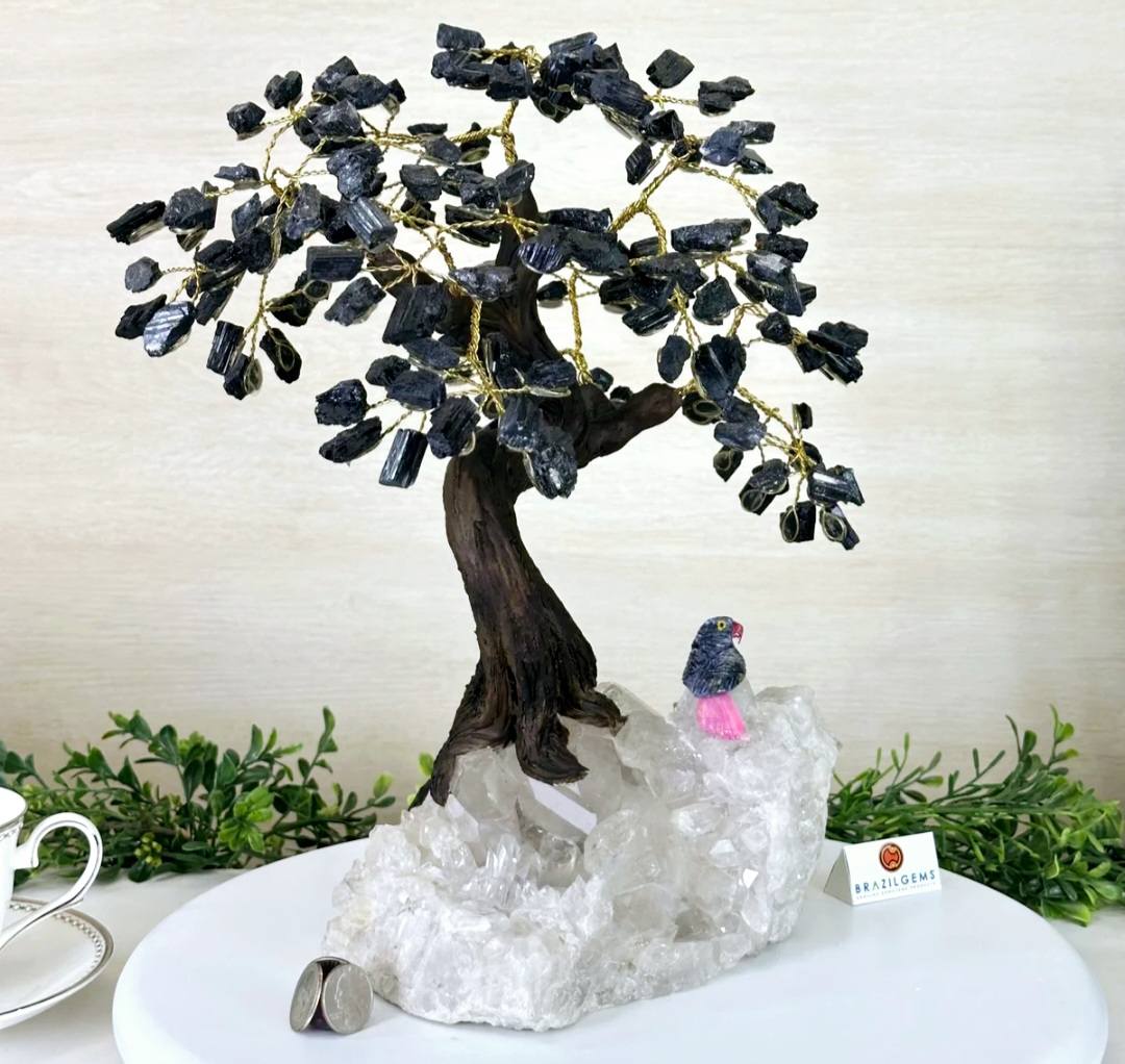 NEW / Large 35cm Tall Handmade Brazilian Black Turmaline Quartz Gemstone Tree, XLarge Clear Quartz Cluster Base with a Crystal Bird, 5kg 35cm - 180 Raw Crystals