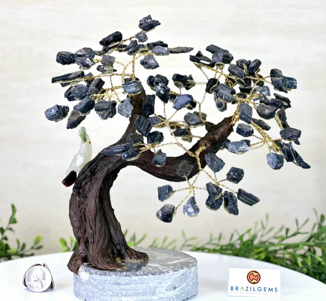 New / 25cm Tall Handmade Black Tourmaline Gemstone Tree, Black Marble Jasper Base with a Crystal Bird - 120 Gemstones