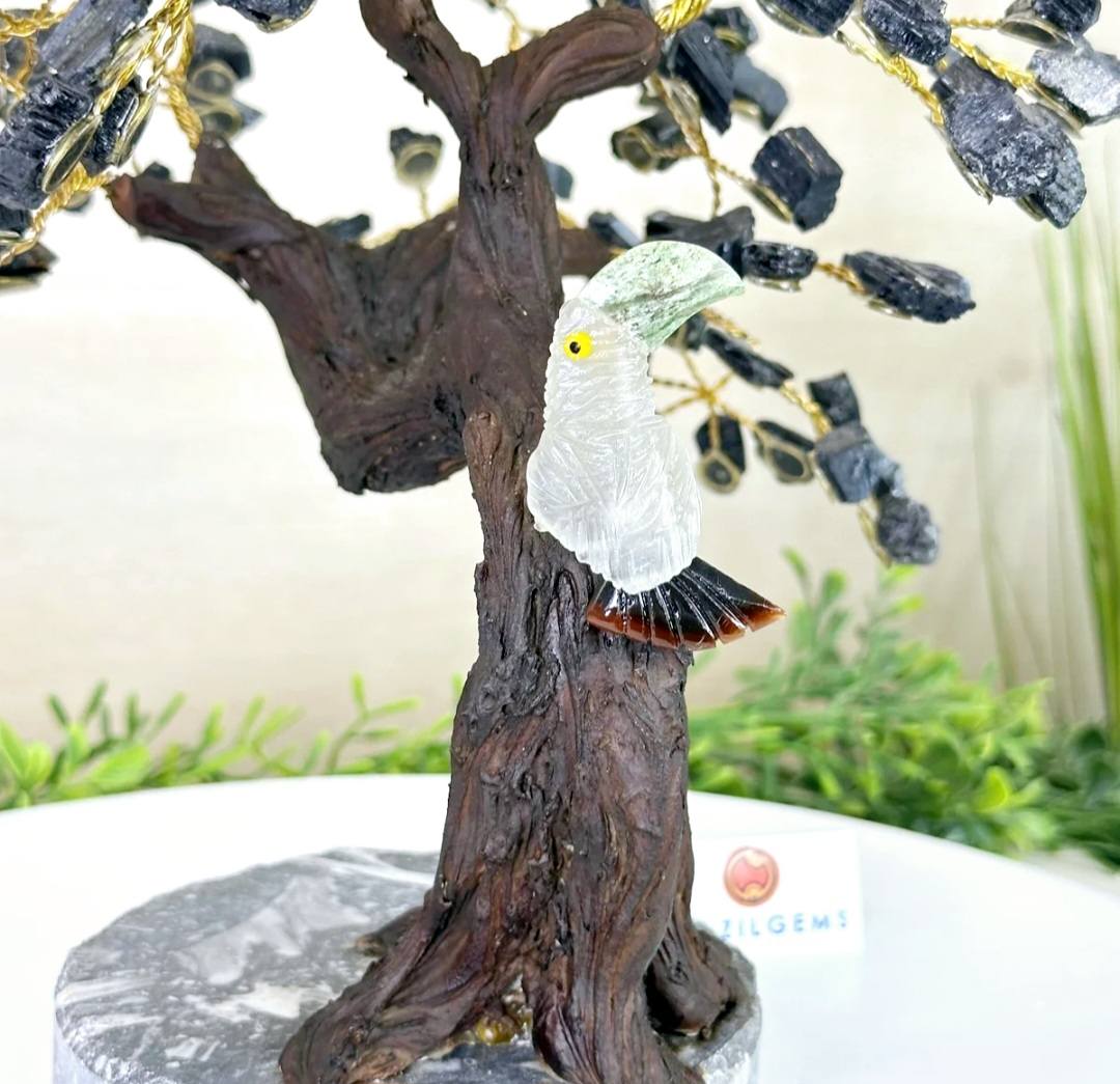 New / 25cm Tall Handmade Black Tourmaline Gemstone Tree, Black Marble Jasper Base with a Crystal Bird - 120 Gemstones