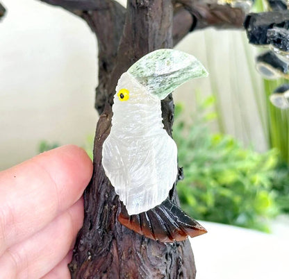 New / 25cm Tall Handmade Black Tourmaline Gemstone Tree, Black Marble Jasper Base with a Crystal Bird - 120 Gemstones