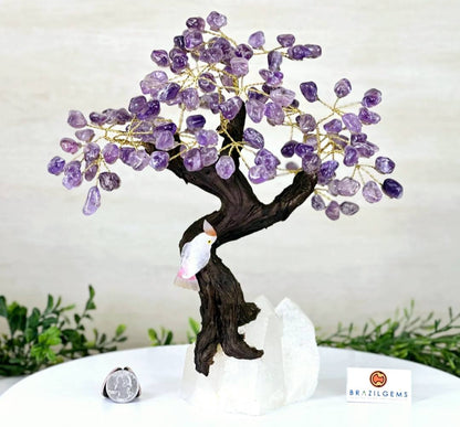 NEW / 25cm Tall Handmade Brazilian Ametyst Quartz Gemstone Tree, Quartz Base with a Crystal Parrot Bird - 120 Crystals