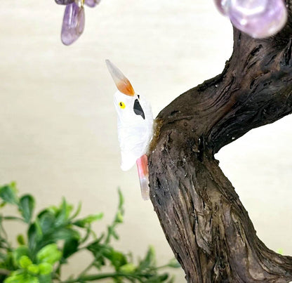 NEW / 25cm Tall Handmade Brazilian Ametyst Quartz Gemstone Tree, Quartz Base with a Crystal Parrot Bird - 120 Crystals