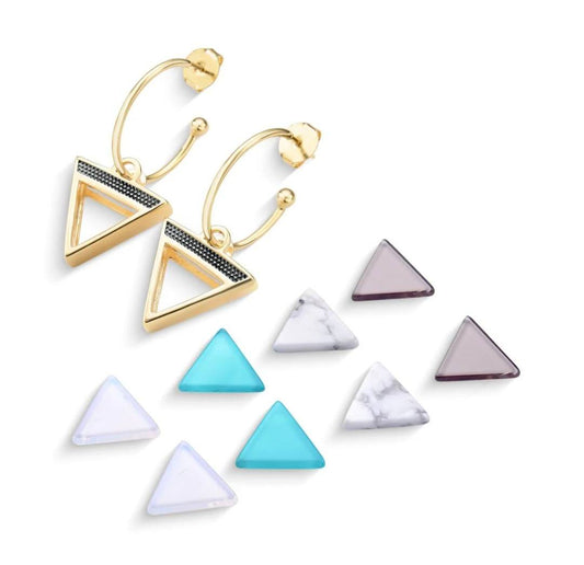 Triangles 18K Gold Plated &amp; Black Rhodium Earrings w/ 4 Interchangeable Gemstone Pairs