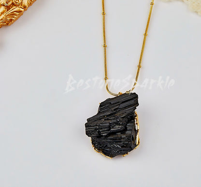 Black Tourmaline Pendant Cluster Necklace, " Protection - Grounding " Empath Crystal October Birthstone 24K Goldplated Necklaces