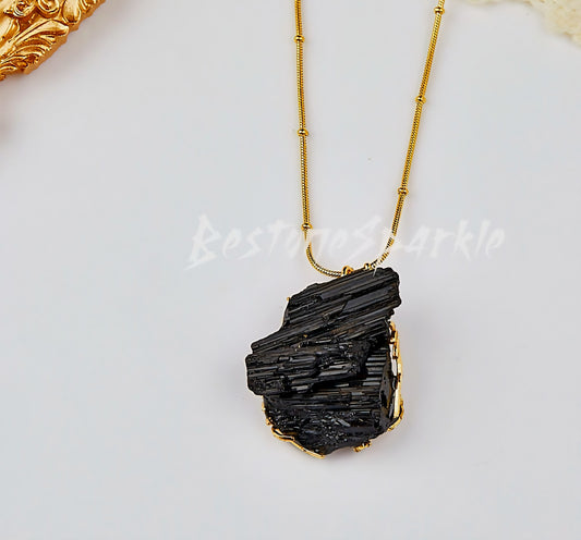 Black Tourmaline Pendant Cluster Necklace, " Protection - Grounding " Empath Crystal October Birthstone 24K Goldplated Necklaces