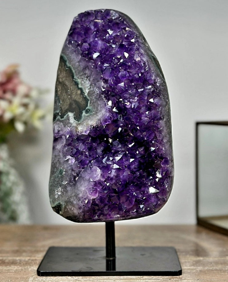 Polished Uruguay Amethyst Stone, Deep Purple Amethyst Specimen | Stand Included, ca. 2kg, 20x11cm - AWS0555
