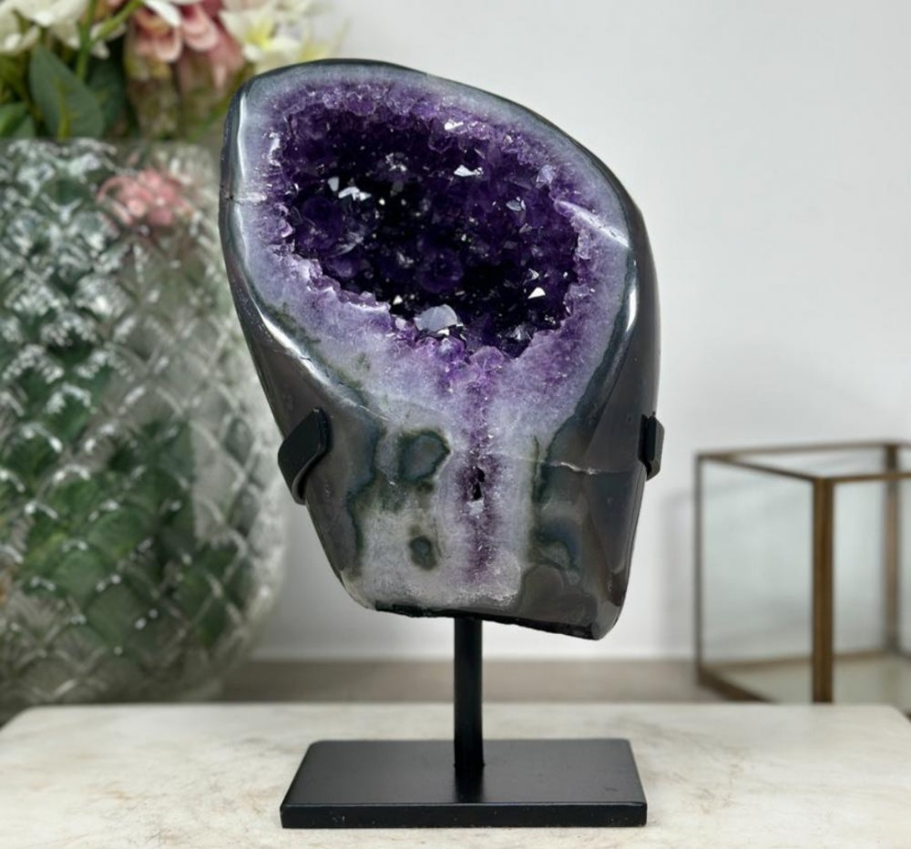 Stunning&nbsp;Amethyst &amp; Agate Geode with Calcite Crystal, Metallic Stand Included - 24x14cm, 3.5kg, AWS1094