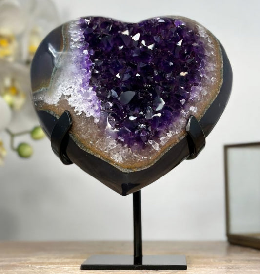 Natural Uruguay Amethyst & Agate Stone Heart w/Metal stand, Unique Piece, HST0249, 15.5x13cm - 1.32kg