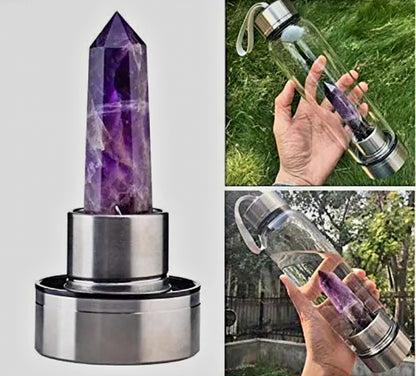 Ekstra Obelisk Tårnkrystall til vannflaske med alubase, Brazilian Clear Ametyst og Clear Citrine