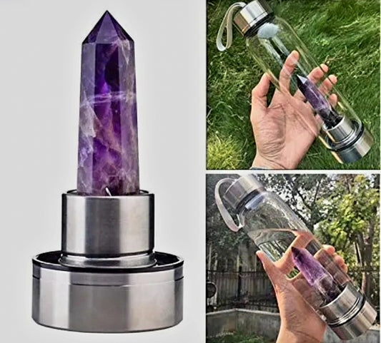 Ekstra Obelisk Tårnkrystall til vannflaske med alubase, Brazilian Clear Ametyst og Clear Citrine
